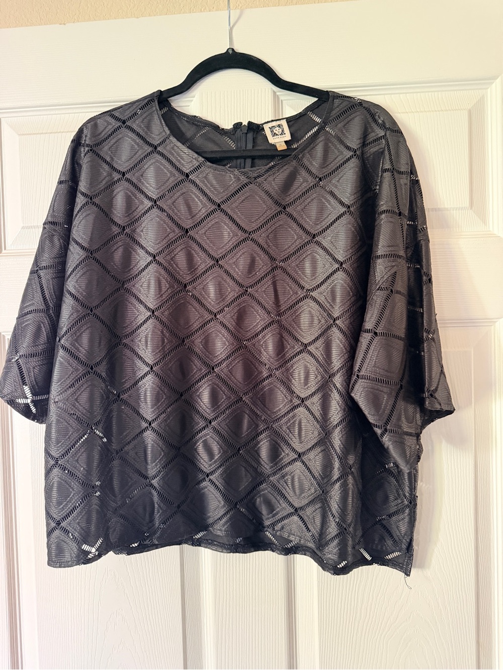 Anne Klein Black Diamond-Lace Boxy Pullover Blouse